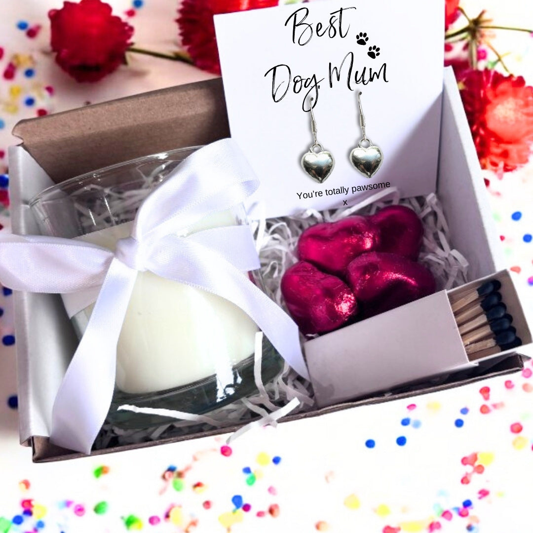 Small Best Dog Mum Gift Hamper | Heart Earrings, Chocolates & Candle